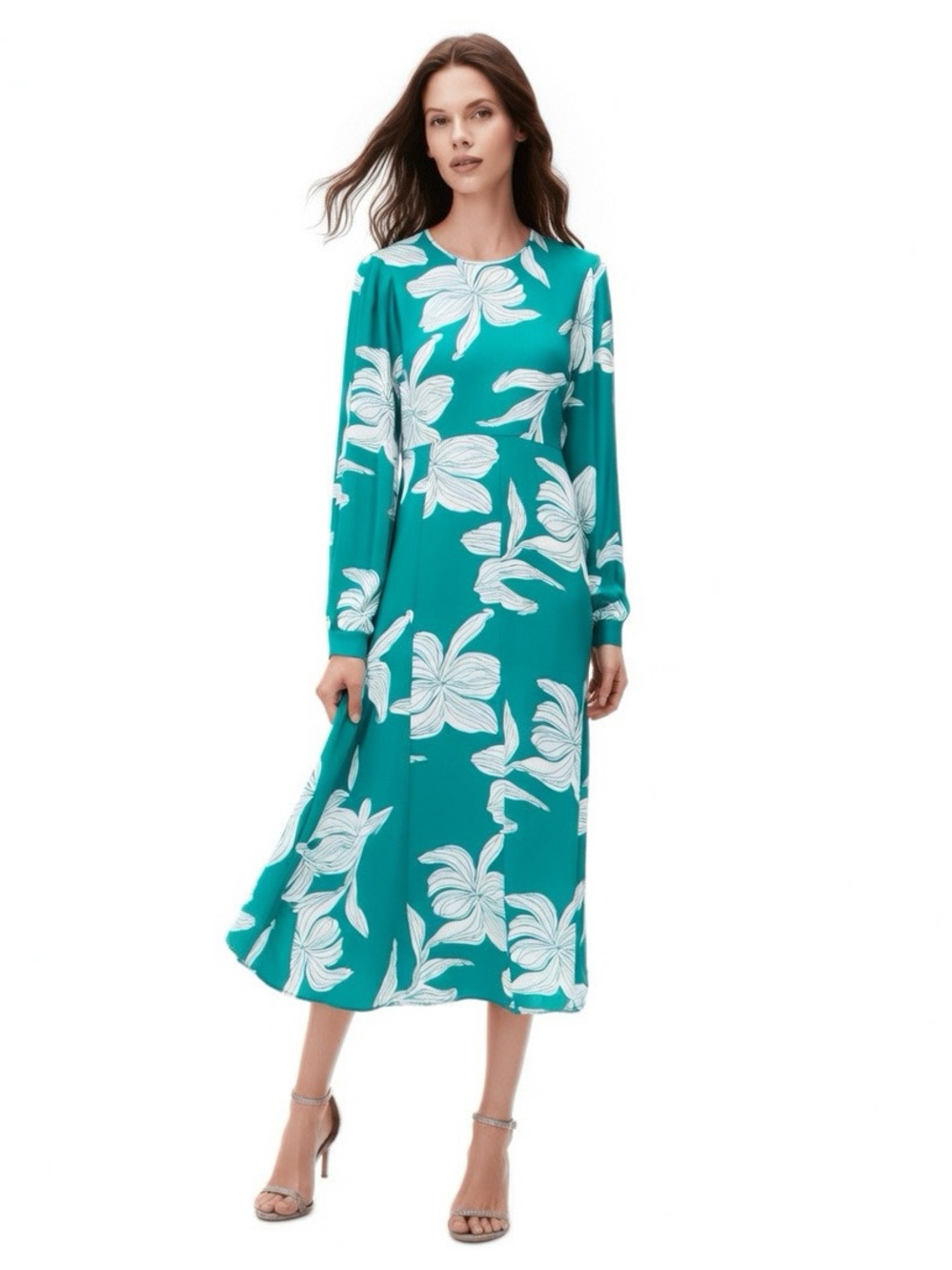 Diane von Furstenberg Merula Orchid Floral Midi Long Sleeve Dress Green Teal